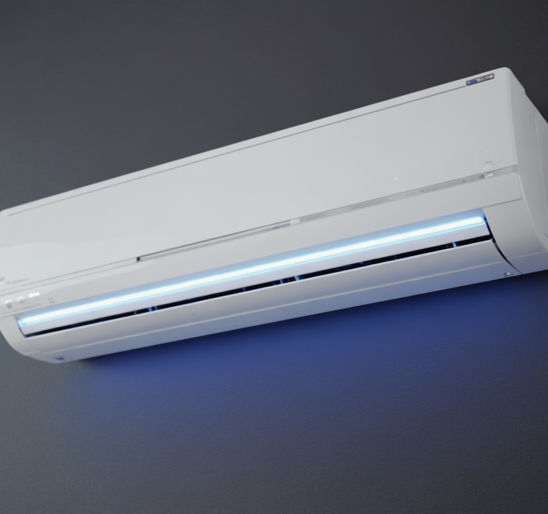 Gen4 A modern air conditioner mounted on a wall in a dark room The unit is glowing w a-2, 402060940