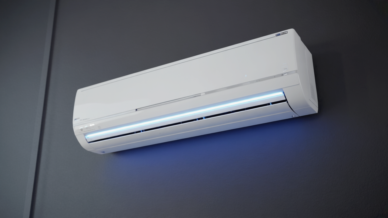 Gen4 A modern air conditioner mounted on a wall in a dark room The unit is glowing w a-2, 402060940