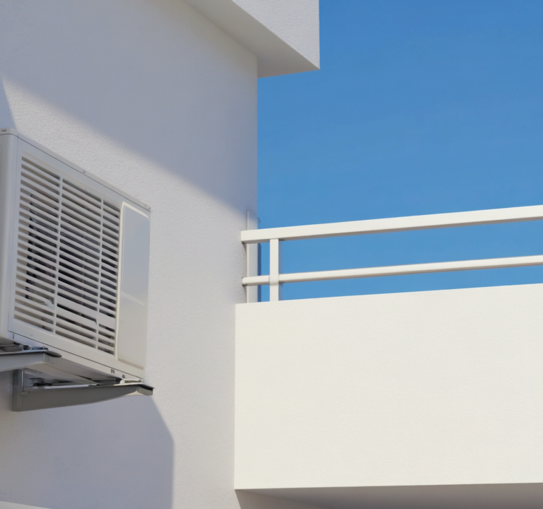 Gen4 Air conditioner installed on an outdoor balcony wall in bright daylight The uni a-2, 325091089