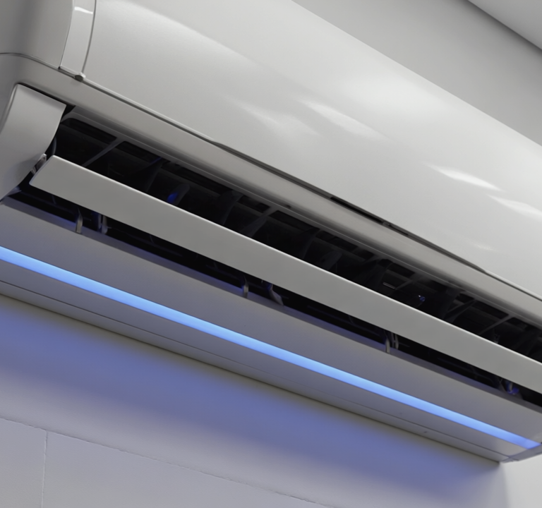 Gen4 Front view of a sleek, slim wall-mounted air conditioner, centered on a pure whi a-2, 384882156