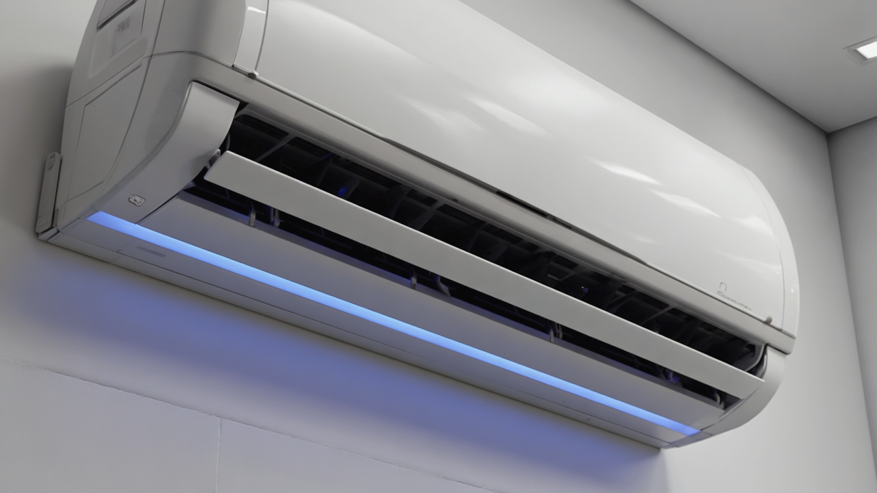 Gen4 Front view of a sleek, slim wall-mounted air conditioner, centered on a pure whi a-2, 384882156