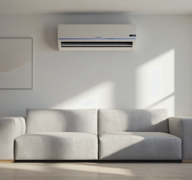 Gen4 Modern room interior with a wall-mounted air conditioner installed above a couch a-2, 22351765