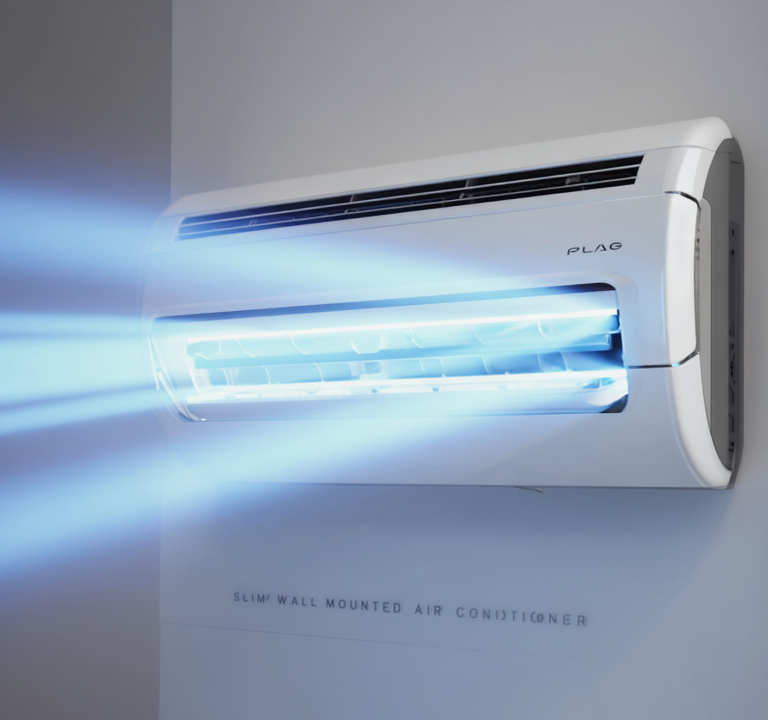 Gen4 Slim wall-mounted air conditioner on a white background blowing cool blue air st a-2, 109534568