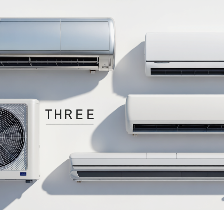 Gen4 Three modern air conditioners displayed vertically in a product lineup on a neut a-2, 224381326