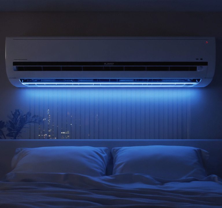 Gen4 Wall-mounted AC operating in a modern apartment bedroom at night City lights vi a-2, 296324808