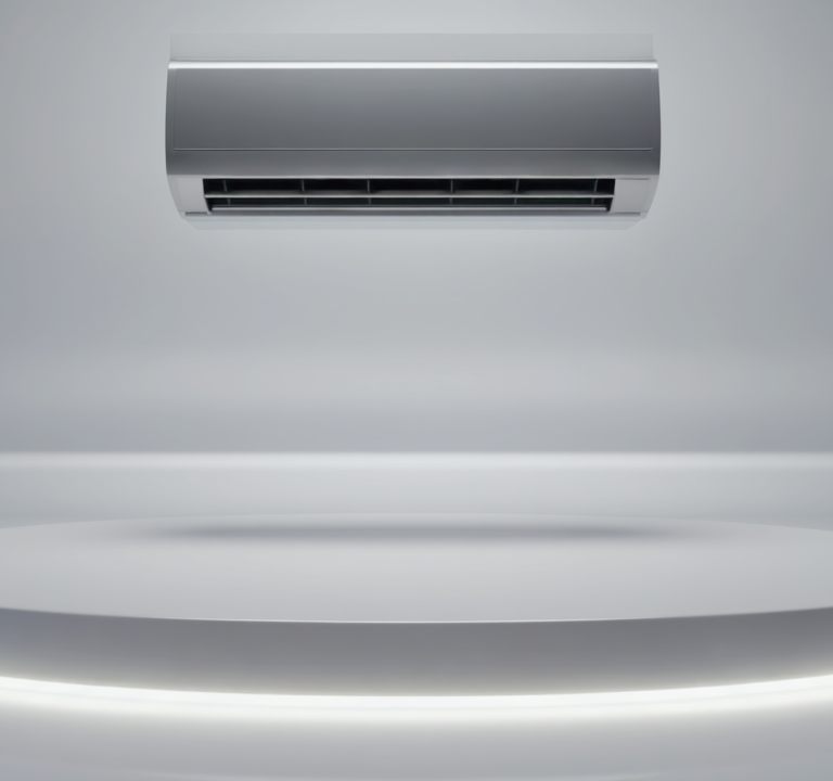 Gen4 Wall-mounted air conditioner floating above a white glossy platform with ambient a-2, 292479889